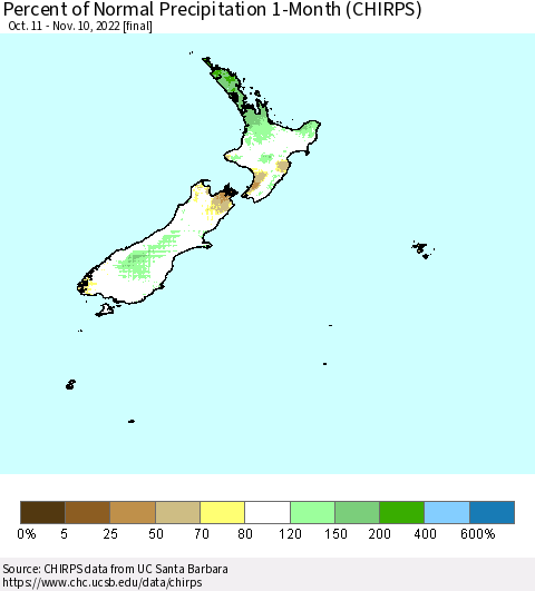 New Zealand Percent of Normal Precipitation 1-Month (CHIRPS) Thematic Map For 10/11/2022 - 11/10/2022