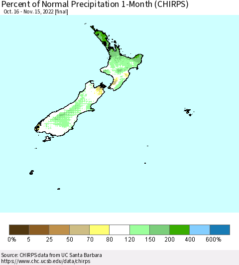 New Zealand Percent of Normal Precipitation 1-Month (CHIRPS) Thematic Map For 10/16/2022 - 11/15/2022