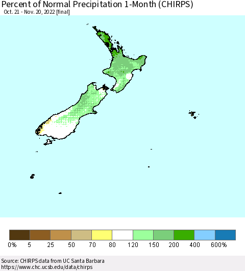 New Zealand Percent of Normal Precipitation 1-Month (CHIRPS) Thematic Map For 10/21/2022 - 11/20/2022