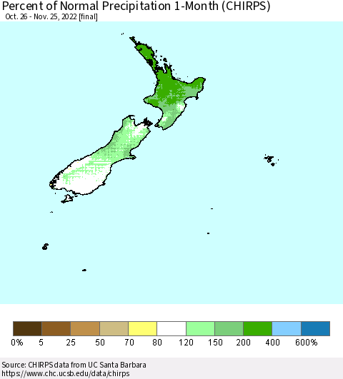 New Zealand Percent of Normal Precipitation 1-Month (CHIRPS) Thematic Map For 10/26/2022 - 11/25/2022