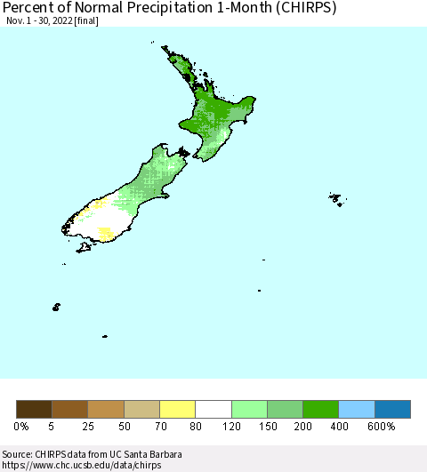 New Zealand Percent of Normal Precipitation 1-Month (CHIRPS) Thematic Map For 11/1/2022 - 11/30/2022