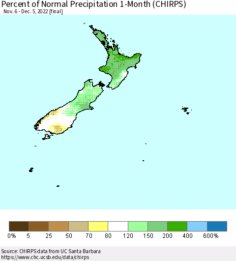 New Zealand Percent of Normal Precipitation 1-Month (CHIRPS) Thematic Map For 11/6/2022 - 12/5/2022