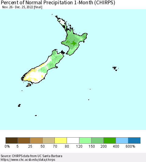 New Zealand Percent of Normal Precipitation 1-Month (CHIRPS) Thematic Map For 11/26/2022 - 12/25/2022