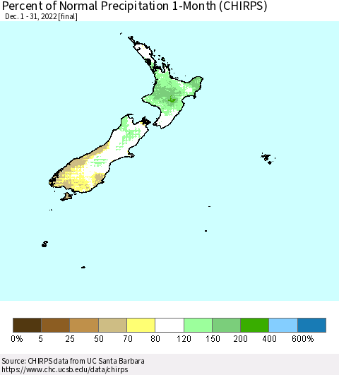 New Zealand Percent of Normal Precipitation 1-Month (CHIRPS) Thematic Map For 12/1/2022 - 12/31/2022