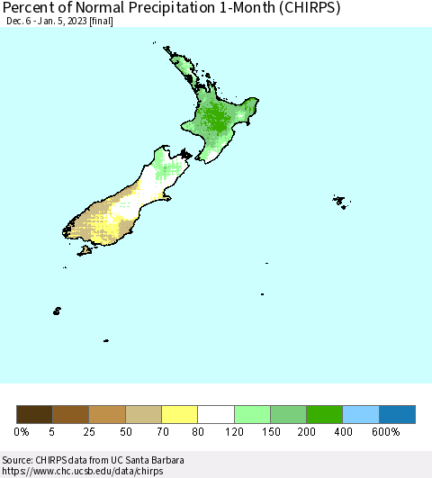 New Zealand Percent of Normal Precipitation 1-Month (CHIRPS) Thematic Map For 12/6/2022 - 1/5/2023