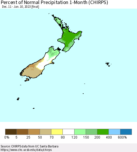New Zealand Percent of Normal Precipitation 1-Month (CHIRPS) Thematic Map For 12/11/2022 - 1/10/2023