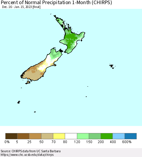 New Zealand Percent of Normal Precipitation 1-Month (CHIRPS) Thematic Map For 12/16/2022 - 1/15/2023