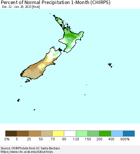 New Zealand Percent of Normal Precipitation 1-Month (CHIRPS) Thematic Map For 12/21/2022 - 1/20/2023