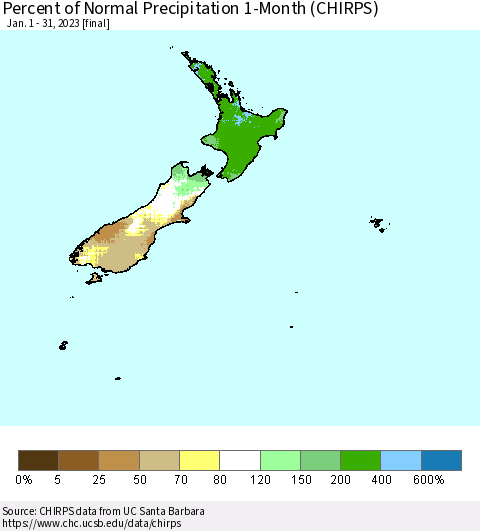 New Zealand Percent of Normal Precipitation 1-Month (CHIRPS) Thematic Map For 1/1/2023 - 1/31/2023