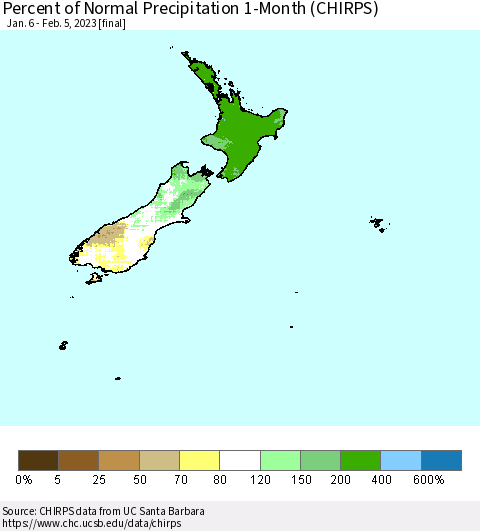 New Zealand Percent of Normal Precipitation 1-Month (CHIRPS) Thematic Map For 1/6/2023 - 2/5/2023
