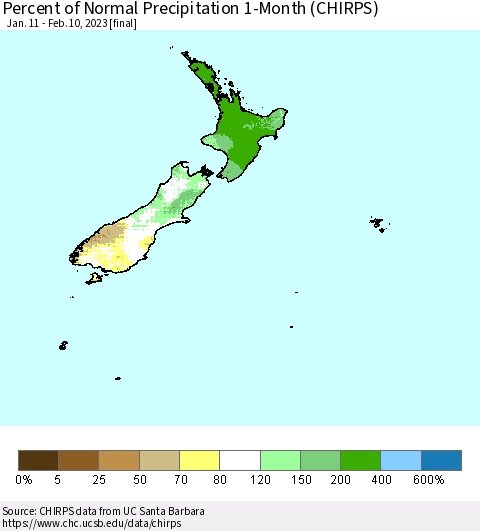 New Zealand Percent of Normal Precipitation 1-Month (CHIRPS) Thematic Map For 1/11/2023 - 2/10/2023