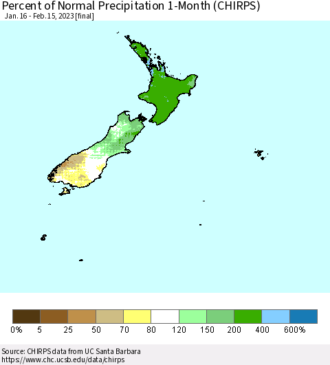 New Zealand Percent of Normal Precipitation 1-Month (CHIRPS) Thematic Map For 1/16/2023 - 2/15/2023
