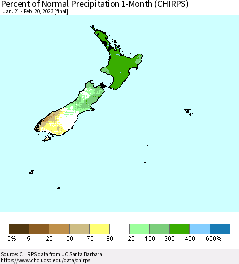 New Zealand Percent of Normal Precipitation 1-Month (CHIRPS) Thematic Map For 1/21/2023 - 2/20/2023