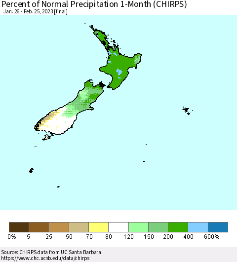 New Zealand Percent of Normal Precipitation 1-Month (CHIRPS) Thematic Map For 1/26/2023 - 2/25/2023