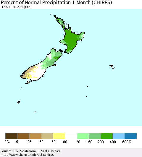New Zealand Percent of Normal Precipitation 1-Month (CHIRPS) Thematic Map For 2/1/2023 - 2/28/2023