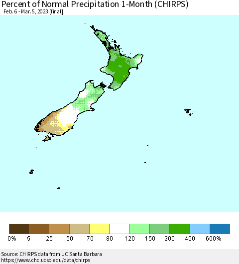 New Zealand Percent of Normal Precipitation 1-Month (CHIRPS) Thematic Map For 2/6/2023 - 3/5/2023