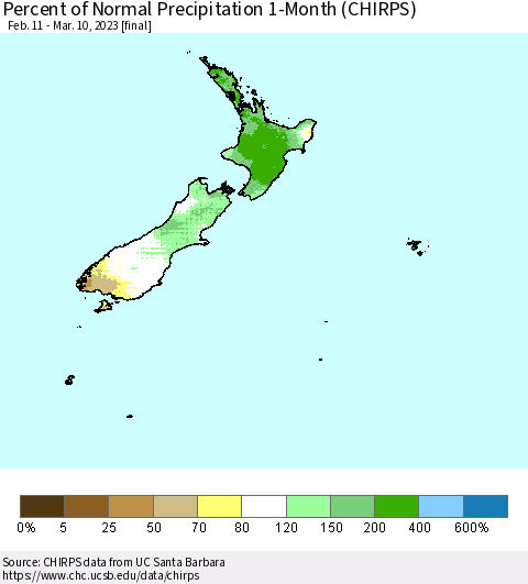 New Zealand Percent of Normal Precipitation 1-Month (CHIRPS) Thematic Map For 2/11/2023 - 3/10/2023