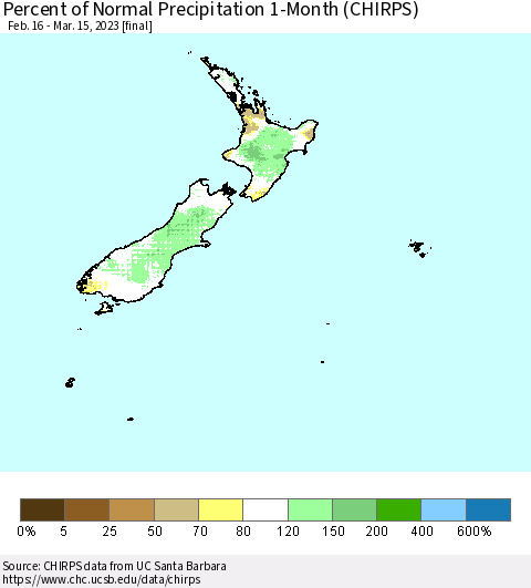 New Zealand Percent of Normal Precipitation 1-Month (CHIRPS) Thematic Map For 2/16/2023 - 3/15/2023