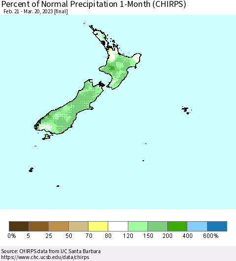 New Zealand Percent of Normal Precipitation 1-Month (CHIRPS) Thematic Map For 2/21/2023 - 3/20/2023