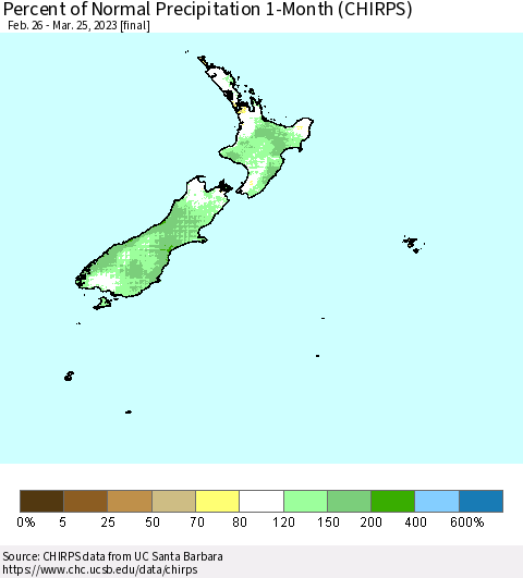 New Zealand Percent of Normal Precipitation 1-Month (CHIRPS) Thematic Map For 2/26/2023 - 3/25/2023