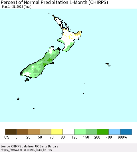 New Zealand Percent of Normal Precipitation 1-Month (CHIRPS) Thematic Map For 3/1/2023 - 3/31/2023