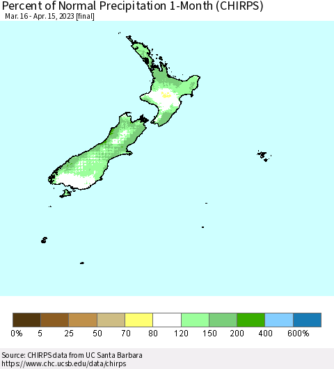 New Zealand Percent of Normal Precipitation 1-Month (CHIRPS) Thematic Map For 3/16/2023 - 4/15/2023