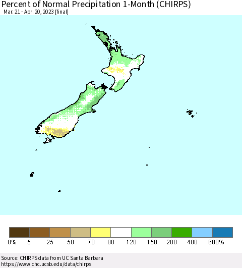 New Zealand Percent of Normal Precipitation 1-Month (CHIRPS) Thematic Map For 3/21/2023 - 4/20/2023