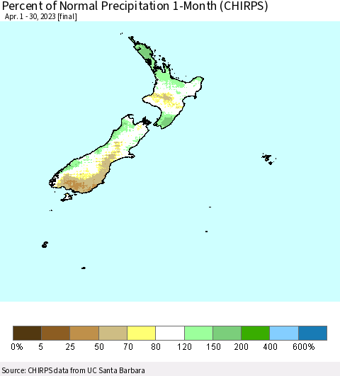 New Zealand Percent of Normal Precipitation 1-Month (CHIRPS) Thematic Map For 4/1/2023 - 4/30/2023
