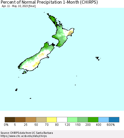 New Zealand Percent of Normal Precipitation 1-Month (CHIRPS) Thematic Map For 4/11/2023 - 5/10/2023