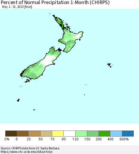 New Zealand Percent of Normal Precipitation 1-Month (CHIRPS) Thematic Map For 5/1/2023 - 5/31/2023