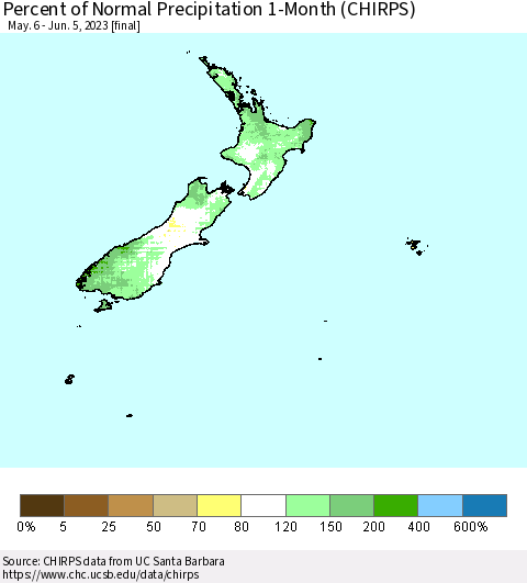 New Zealand Percent of Normal Precipitation 1-Month (CHIRPS) Thematic Map For 5/6/2023 - 6/5/2023