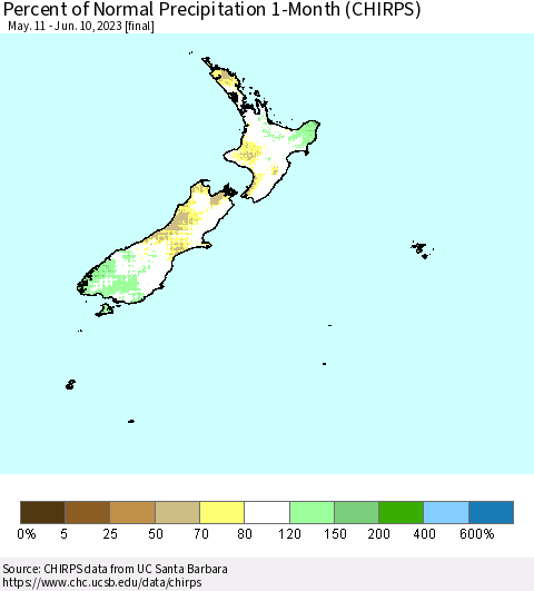 New Zealand Percent of Normal Precipitation 1-Month (CHIRPS) Thematic Map For 5/11/2023 - 6/10/2023
