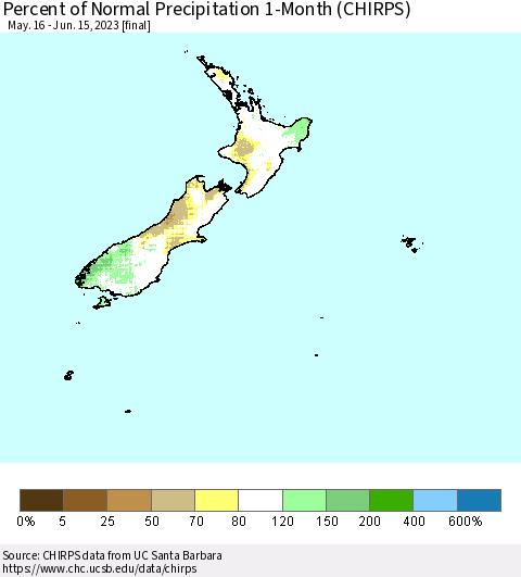 New Zealand Percent of Normal Precipitation 1-Month (CHIRPS) Thematic Map For 5/16/2023 - 6/15/2023