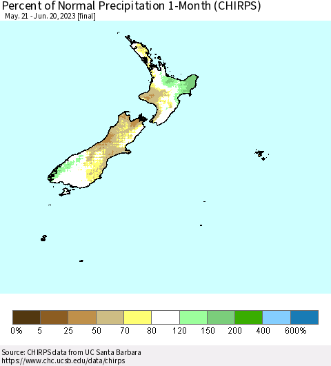New Zealand Percent of Normal Precipitation 1-Month (CHIRPS) Thematic Map For 5/21/2023 - 6/20/2023