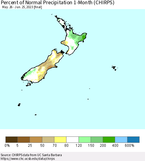 New Zealand Percent of Normal Precipitation 1-Month (CHIRPS) Thematic Map For 5/26/2023 - 6/25/2023