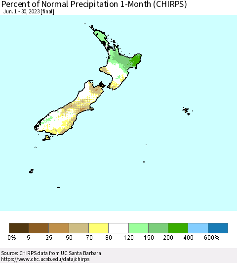 New Zealand Percent of Normal Precipitation 1-Month (CHIRPS) Thematic Map For 6/1/2023 - 6/30/2023