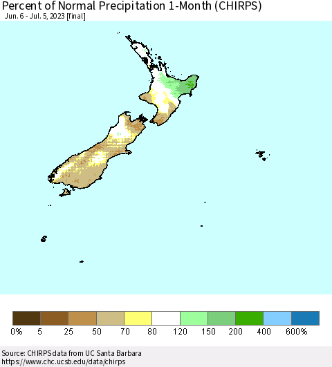 New Zealand Percent of Normal Precipitation 1-Month (CHIRPS) Thematic Map For 6/6/2023 - 7/5/2023