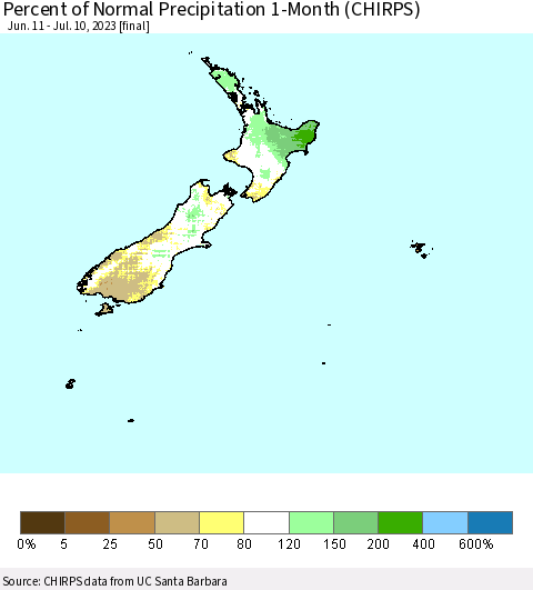 New Zealand Percent of Normal Precipitation 1-Month (CHIRPS) Thematic Map For 6/11/2023 - 7/10/2023