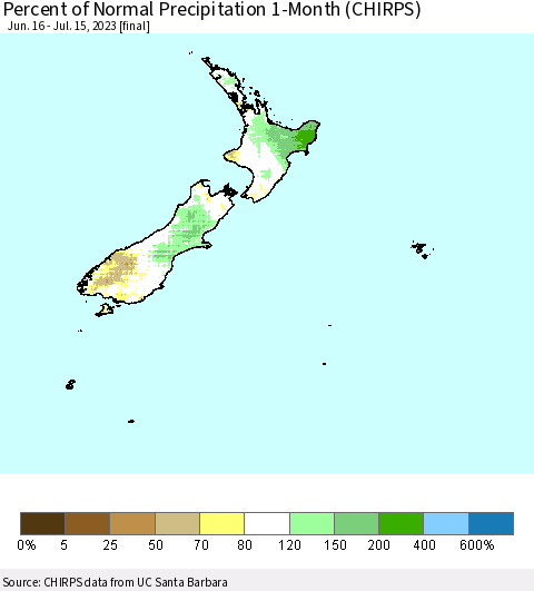 New Zealand Percent of Normal Precipitation 1-Month (CHIRPS) Thematic Map For 6/16/2023 - 7/15/2023