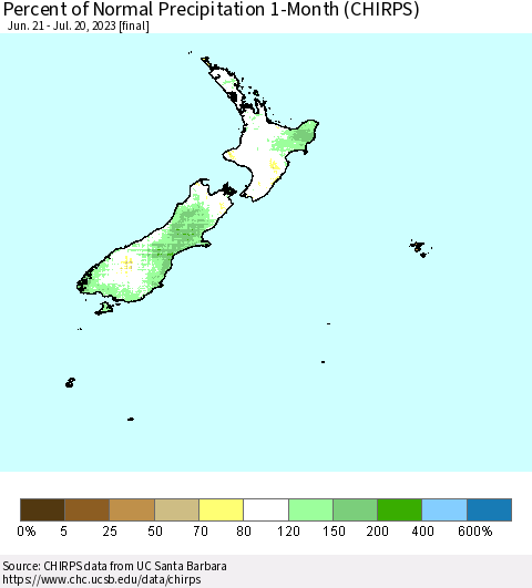 New Zealand Percent of Normal Precipitation 1-Month (CHIRPS) Thematic Map For 6/21/2023 - 7/20/2023