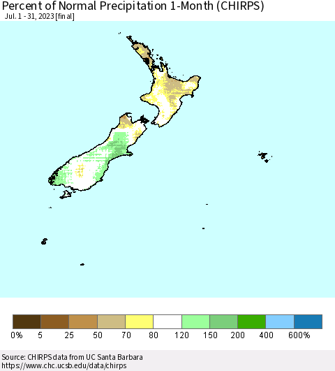 New Zealand Percent of Normal Precipitation 1-Month (CHIRPS) Thematic Map For 7/1/2023 - 7/31/2023
