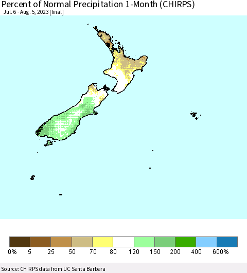 New Zealand Percent of Normal Precipitation 1-Month (CHIRPS) Thematic Map For 7/6/2023 - 8/5/2023