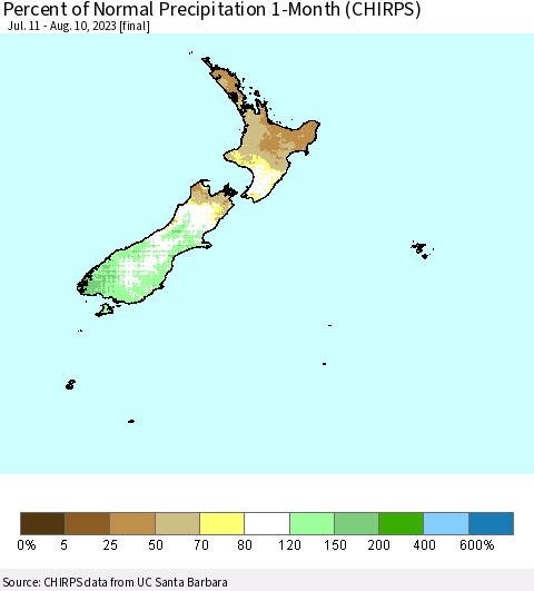 New Zealand Percent of Normal Precipitation 1-Month (CHIRPS) Thematic Map For 7/11/2023 - 8/10/2023