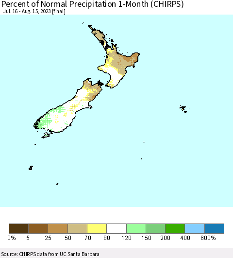 New Zealand Percent of Normal Precipitation 1-Month (CHIRPS) Thematic Map For 7/16/2023 - 8/15/2023