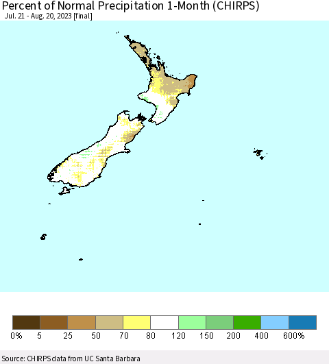 New Zealand Percent of Normal Precipitation 1-Month (CHIRPS) Thematic Map For 7/21/2023 - 8/20/2023