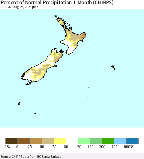 New Zealand Percent of Normal Precipitation 1-Month (CHIRPS) Thematic Map For 7/26/2023 - 8/25/2023