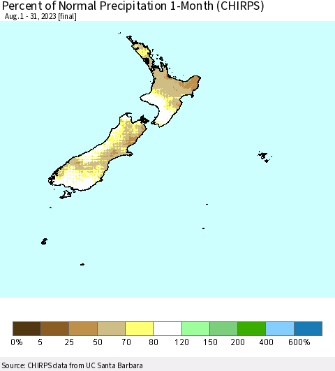 New Zealand Percent of Normal Precipitation 1-Month (CHIRPS) Thematic Map For 8/1/2023 - 8/31/2023