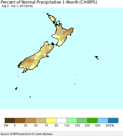 New Zealand Percent of Normal Precipitation 1-Month (CHIRPS) Thematic Map For 8/6/2023 - 9/5/2023