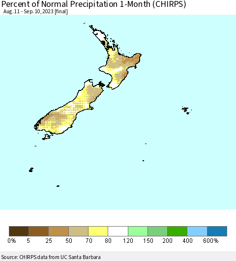 New Zealand Percent of Normal Precipitation 1-Month (CHIRPS) Thematic Map For 8/11/2023 - 9/10/2023