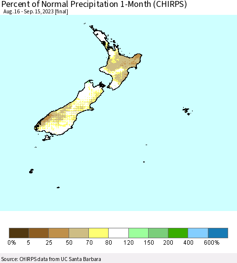 New Zealand Percent of Normal Precipitation 1-Month (CHIRPS) Thematic Map For 8/16/2023 - 9/15/2023